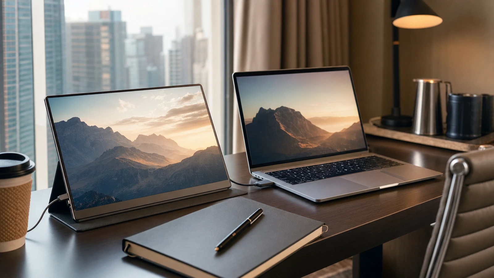 portable monitor with laptop in a polished travel-work setup