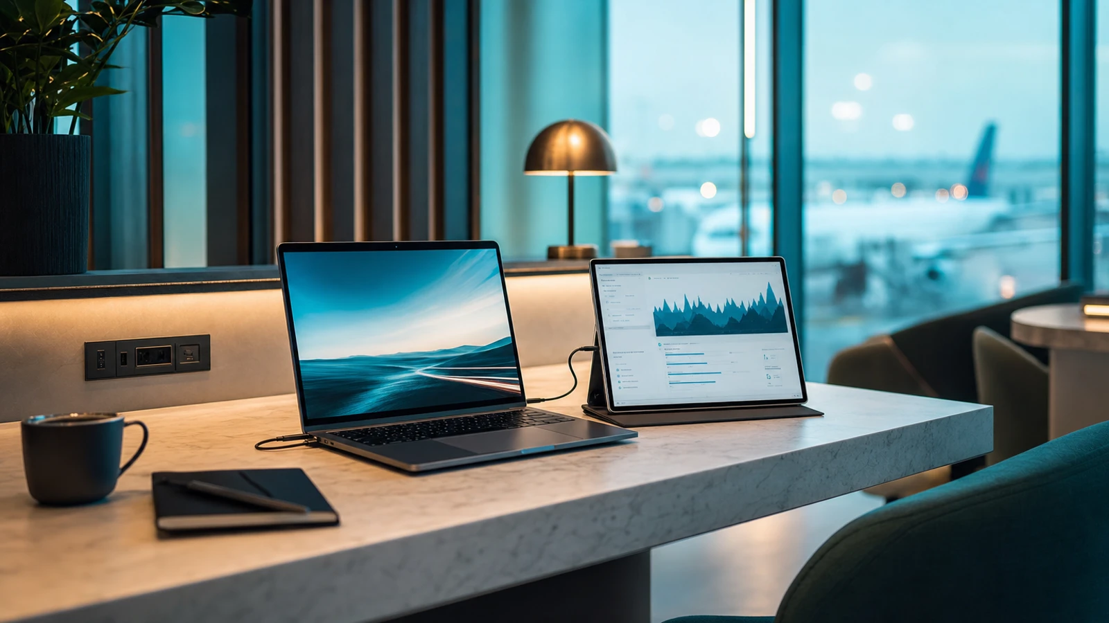 portable monitor with laptop in a polished travel-work setup